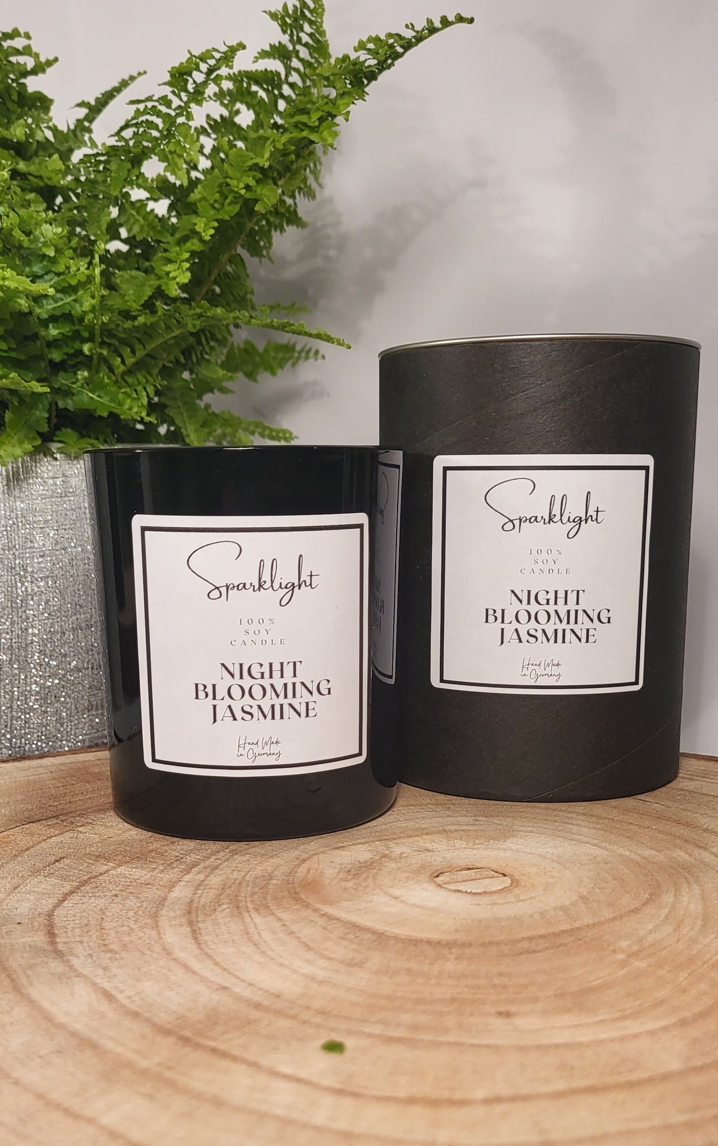 Black glass wooden wick candle - Night Blooming Jasmine