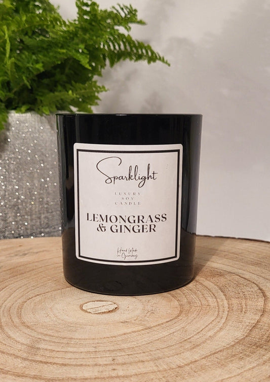Black glass wooden wick candle - Lemongrass & Ginger