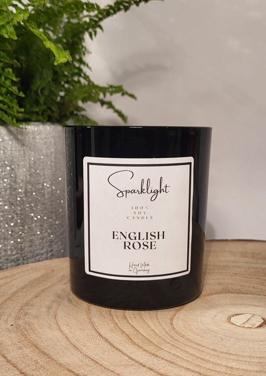 Black glass wooden wick candle - English Rose