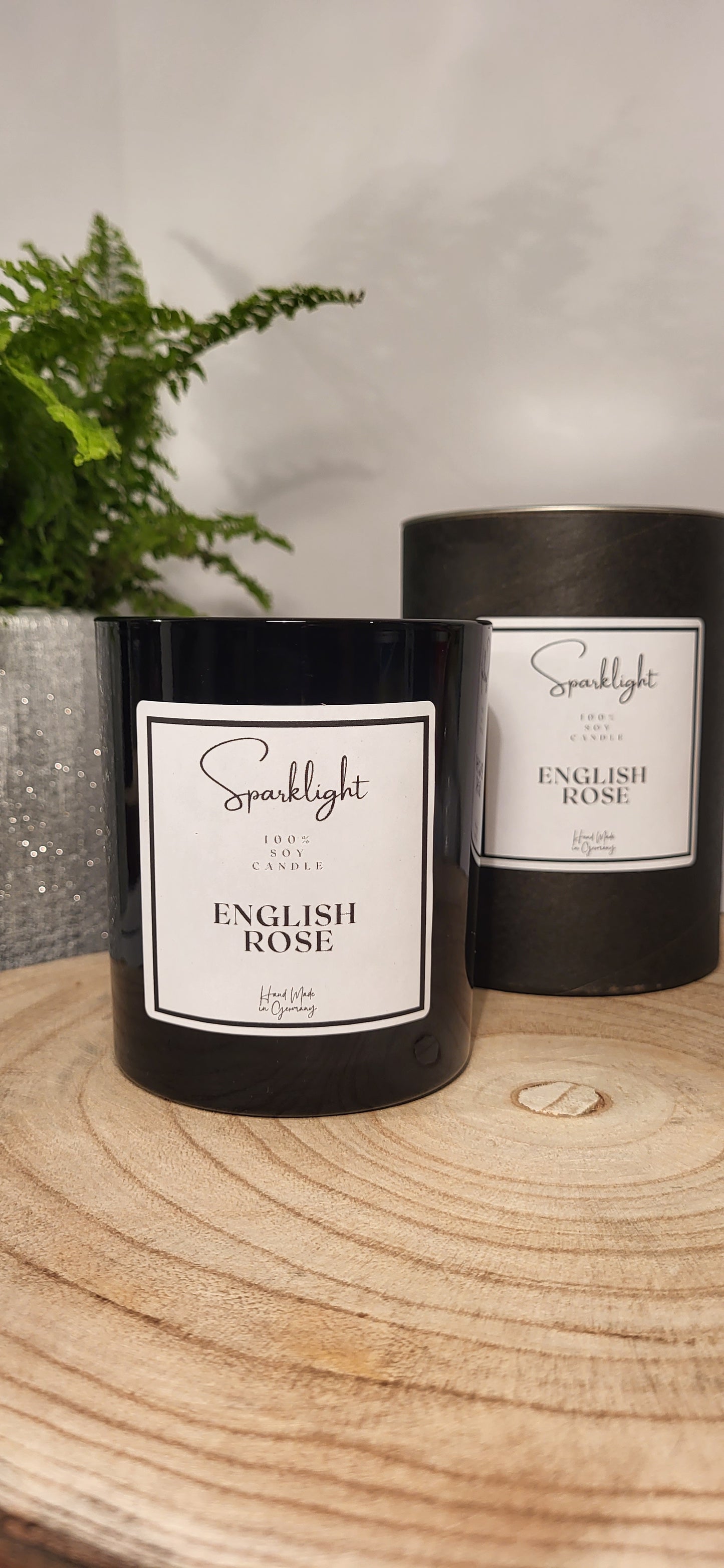 Black glass wooden wick candle - English Rose